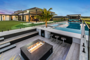 Sunken outdoor firepit and pool area on the Sunshine Coast